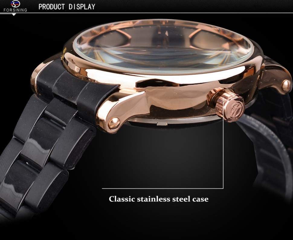 Чоловічий годинник механічний Forsining black steel+gold 