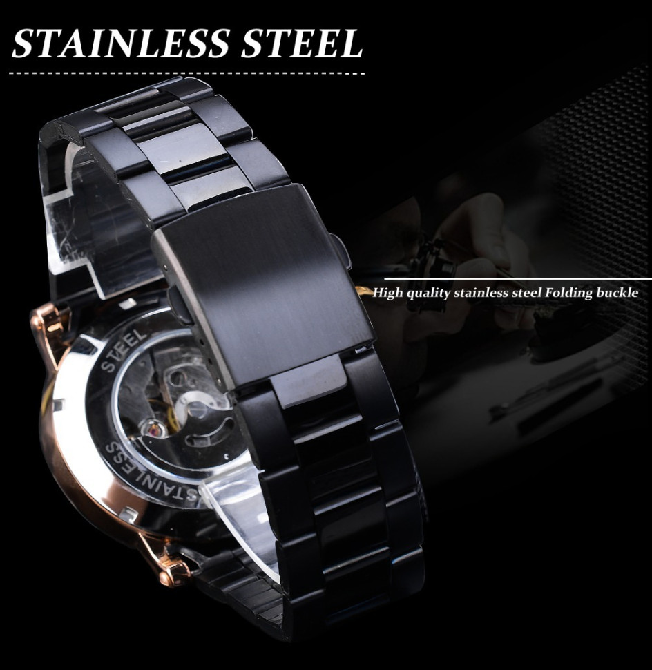 Чоловічий годинник механічний Forsining black steel+gold 
