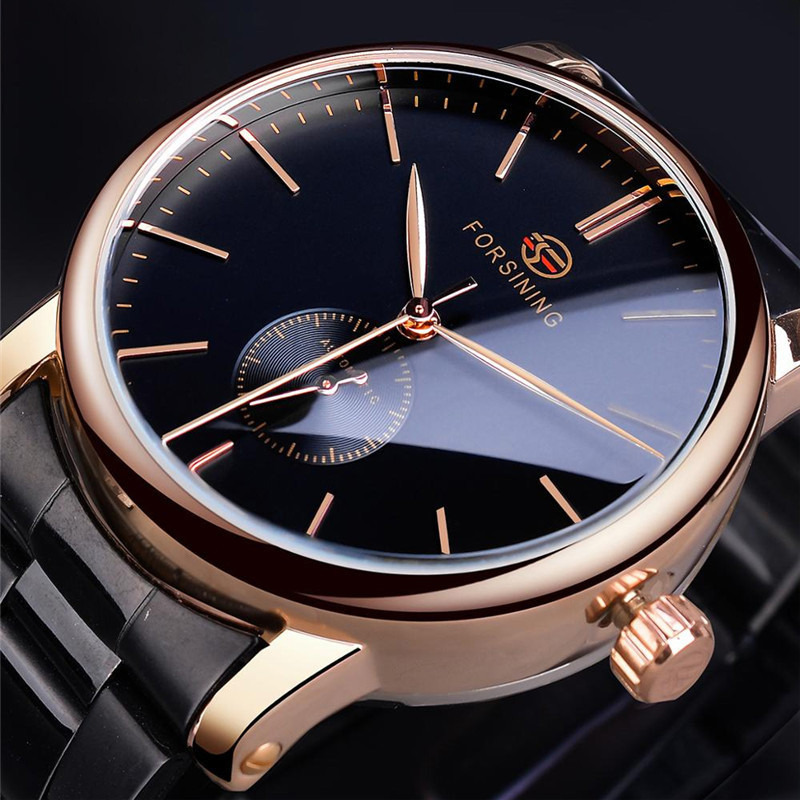Чоловічий годинник механічний Forsining black steel+gold 