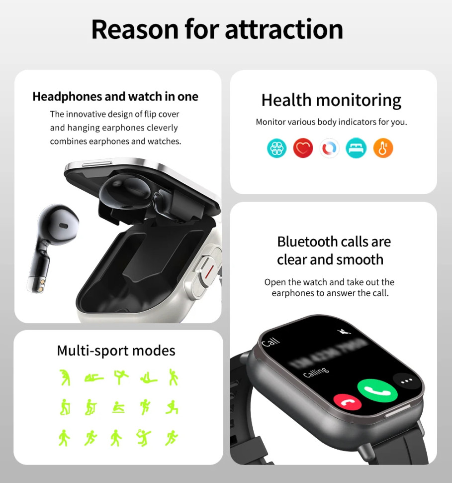 Смарт-годинник з навушниками Smart Device 2в1, 2 ремінці