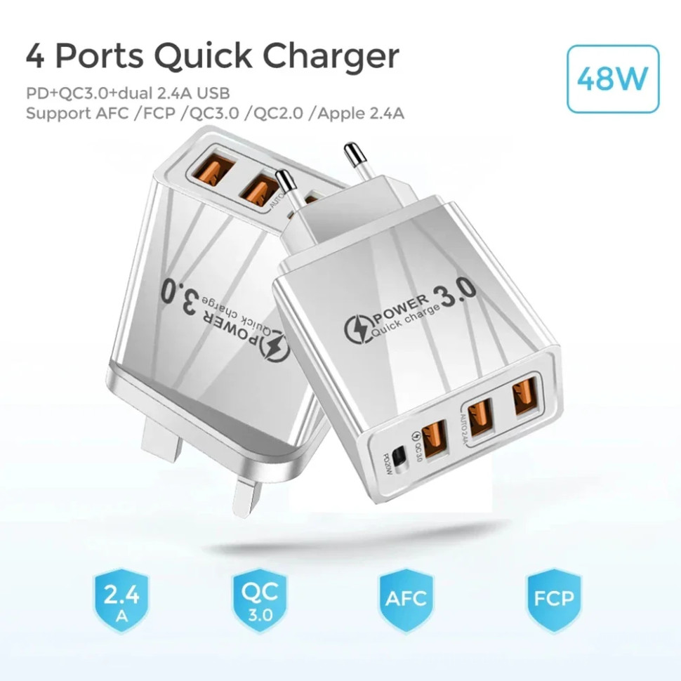 Зарядний пристрій 4×USB (1×USB-C + 3×USB-A) PD 48W Max