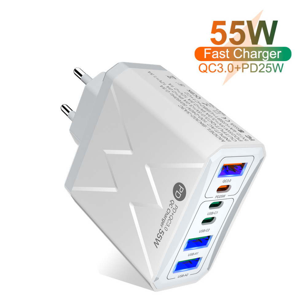 Зарядний пристрій 6×USB (3×USB-C PD + 3×USB-A QC3.0) 55W Max White