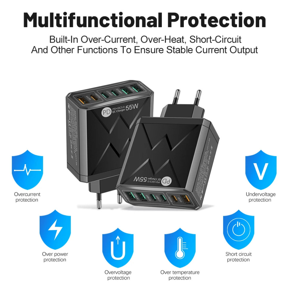 Зарядний пристрій 6×USB (3×USB-C PD + 3×USB-A QC3.0) 55W Max White