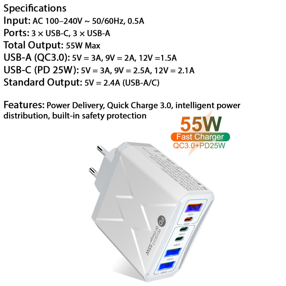 Зарядний пристрій 6×USB (3×USB-C PD + 3×USB-A QC3.0) 55W Max White