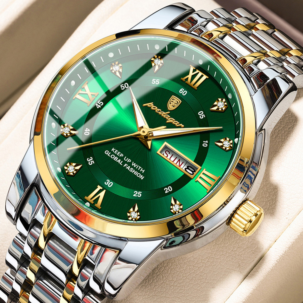 Чоловічий годинник Poedagar gold + silver + green