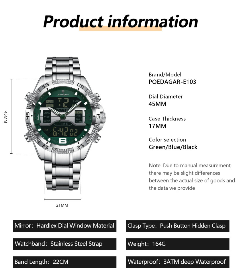 Чоловічий годинник Poedagar silver+green