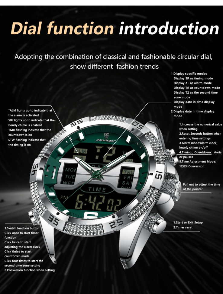 Чоловічий годинник Poedagar silver+green