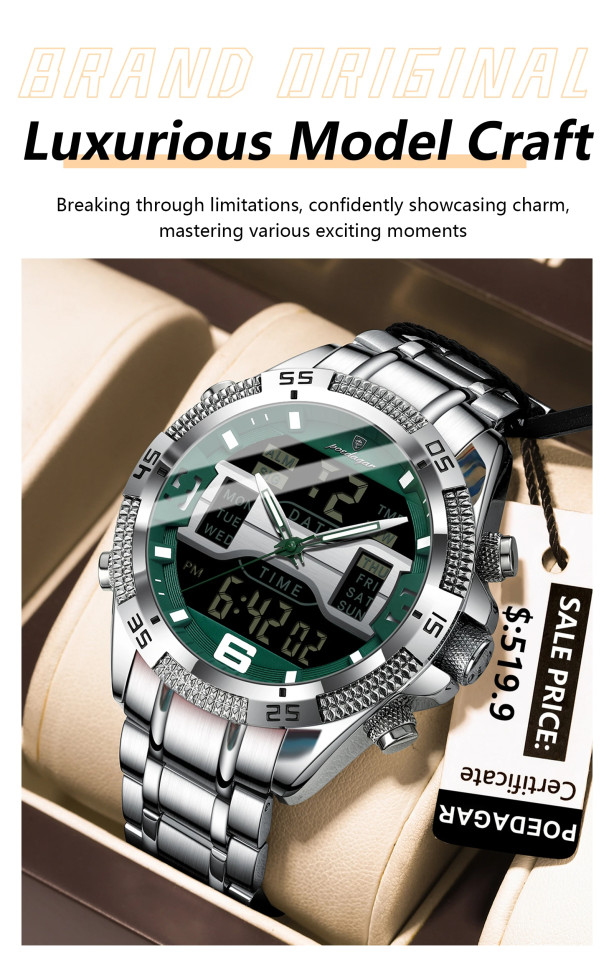 Чоловічий годинник Poedagar silver+green