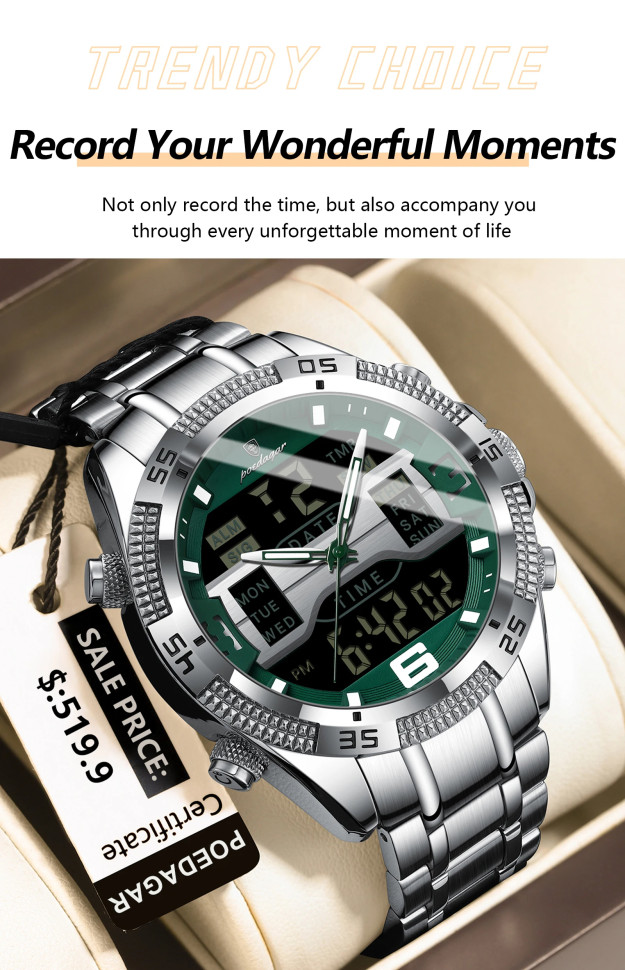 Чоловічий годинник Poedagar silver+green