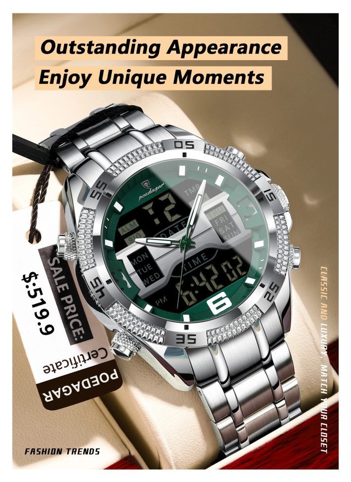 Чоловічий годинник Poedagar silver+green