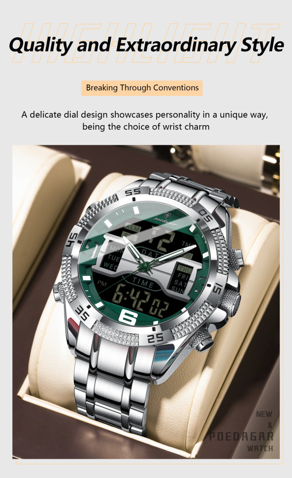 Чоловічий годинник Poedagar silver+green