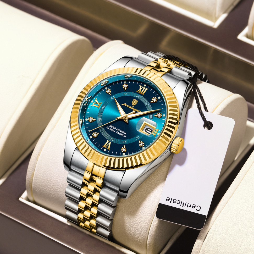 Чоловічий годинник Poedagar gold + silver + blue