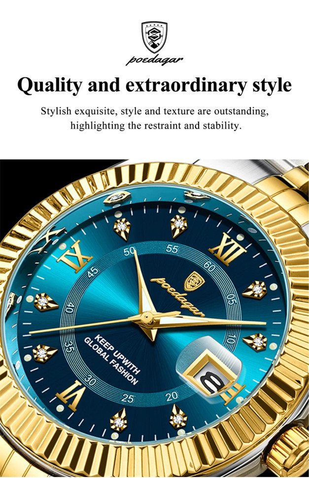 Чоловічий годинник Poedagar gold + silver + blue