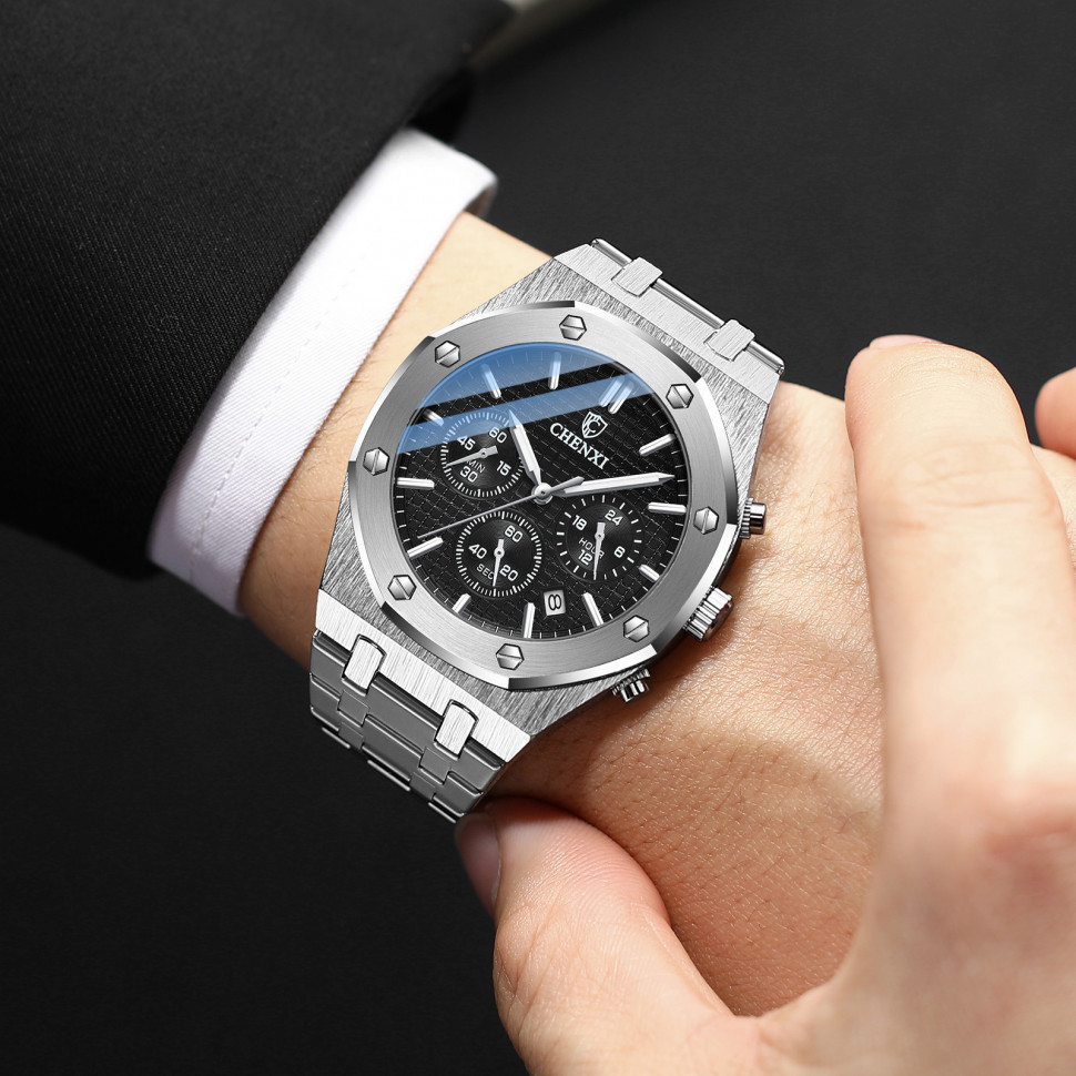 Чоловічий годинник CHENXI silver+black