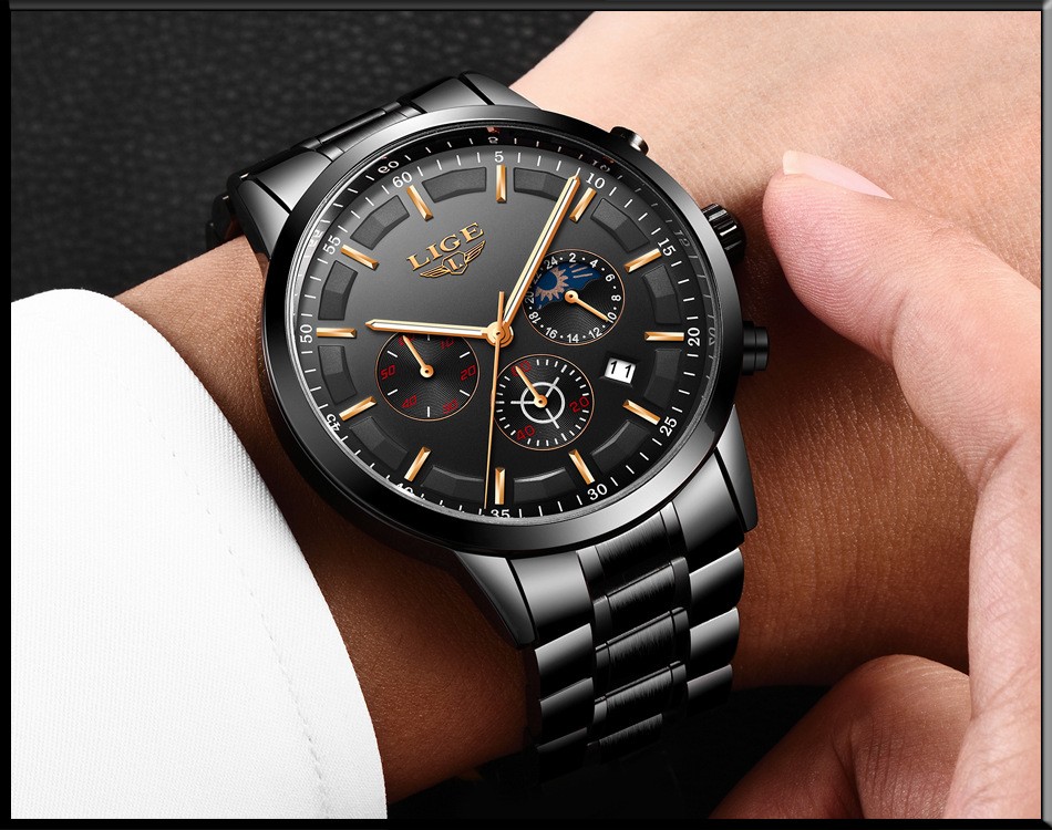 Чоловічий годинник LIGE black+gold