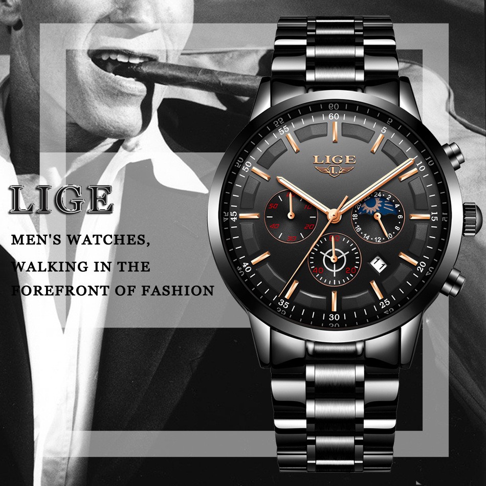 Чоловічий годинник LIGE black+gold