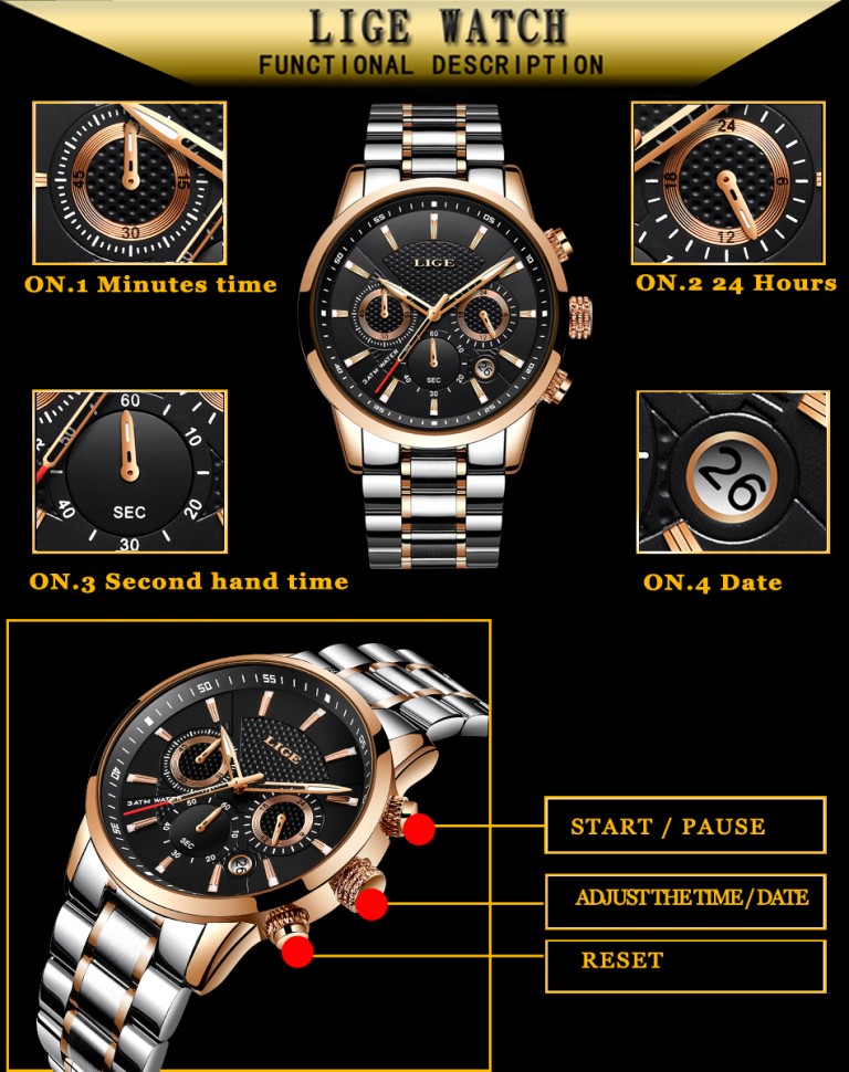 Чоловічий годинник LIGE gold+silver 