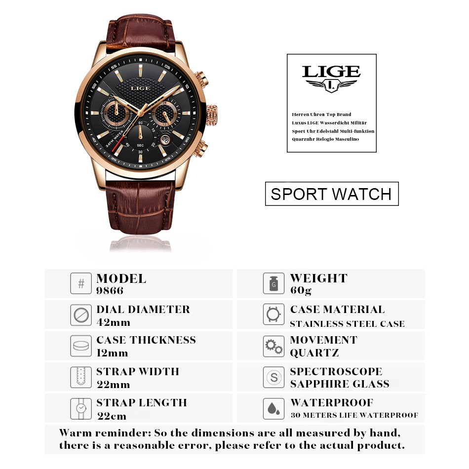 Чоловічий годинник LIGE gold+brown