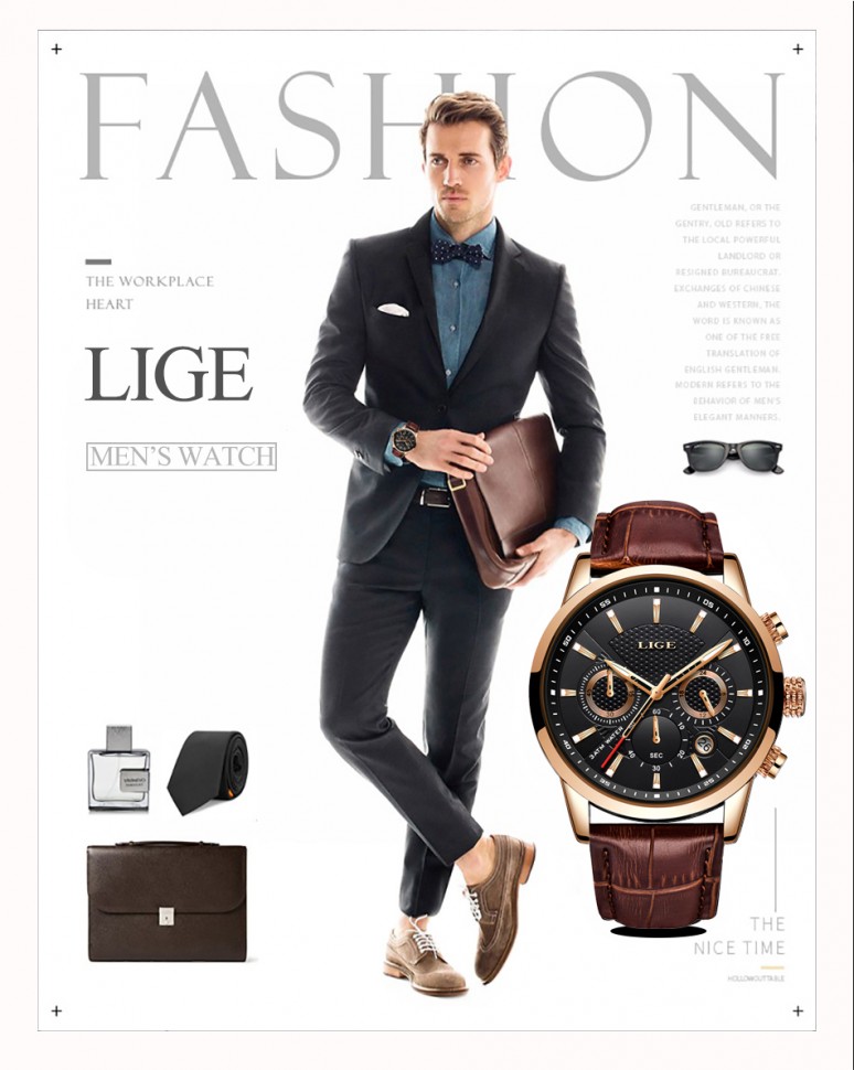 Чоловічий годинник LIGE gold+brown
