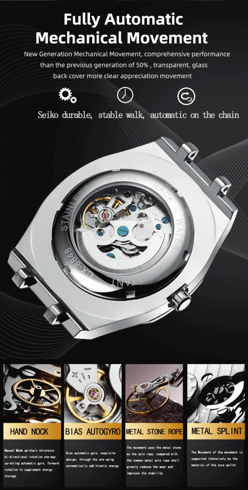 Чоловічий годинник механічний CHENXI silver+black 