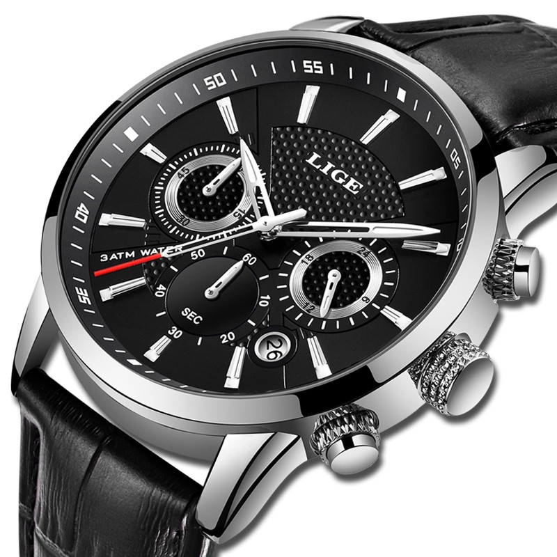 Чоловічий годинник LIGE silver+black