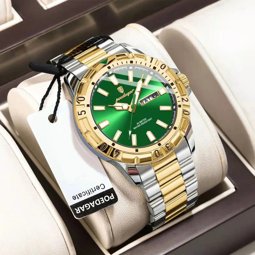 Чоловічий годинник Poedagar silver + gold + green