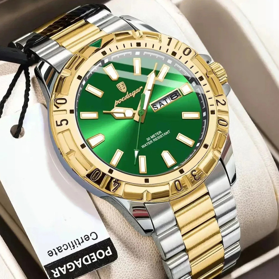 Чоловічий годинник Poedagar silver + gold + green