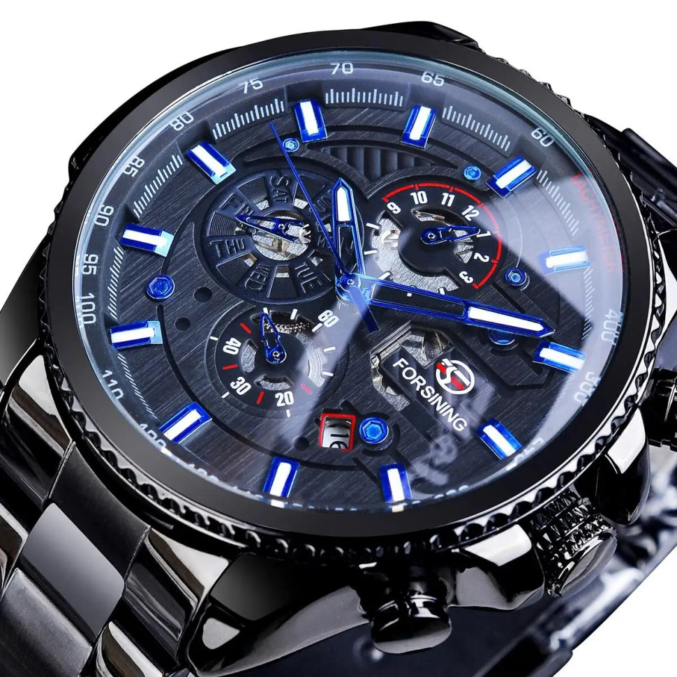 Чоловічий годинник механічний Forsining black+blue