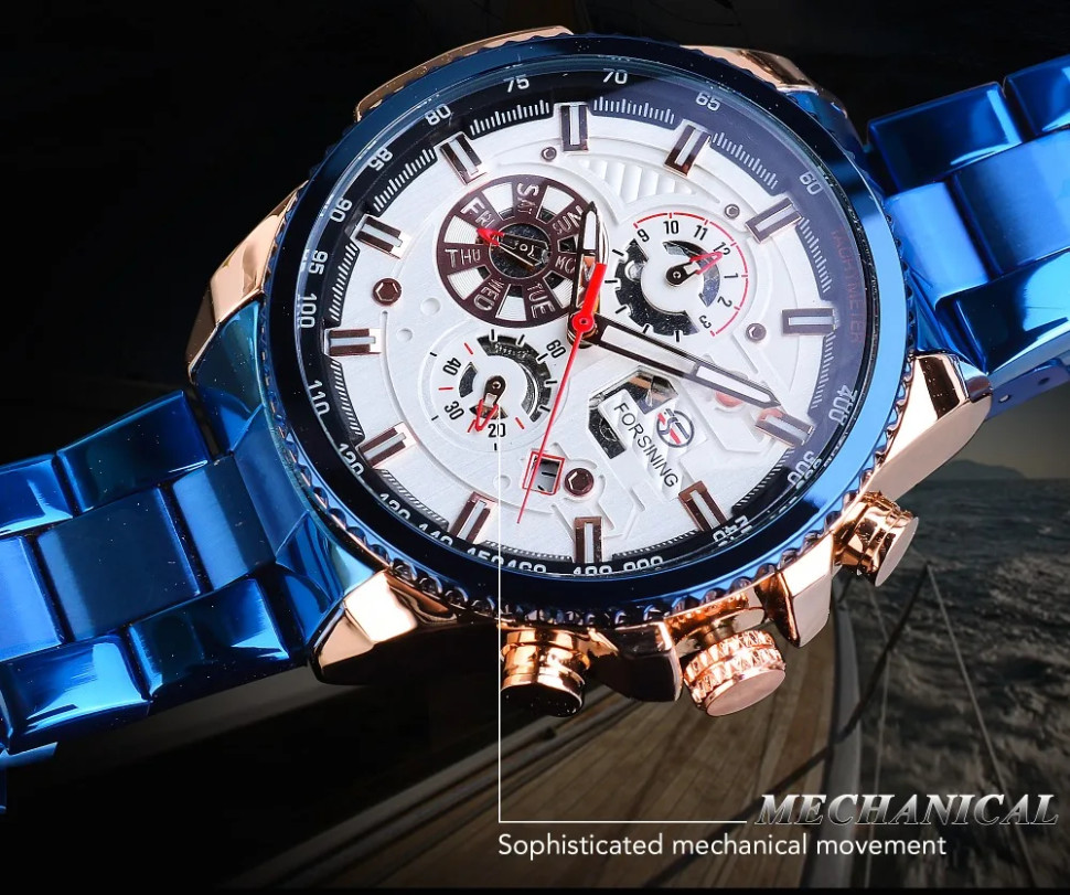 Чоловічий годинник механічний Forsining blue+white+gold