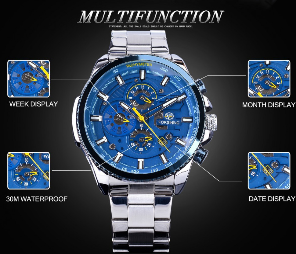 Чоловічий годинник механічний Forsining silver+blue