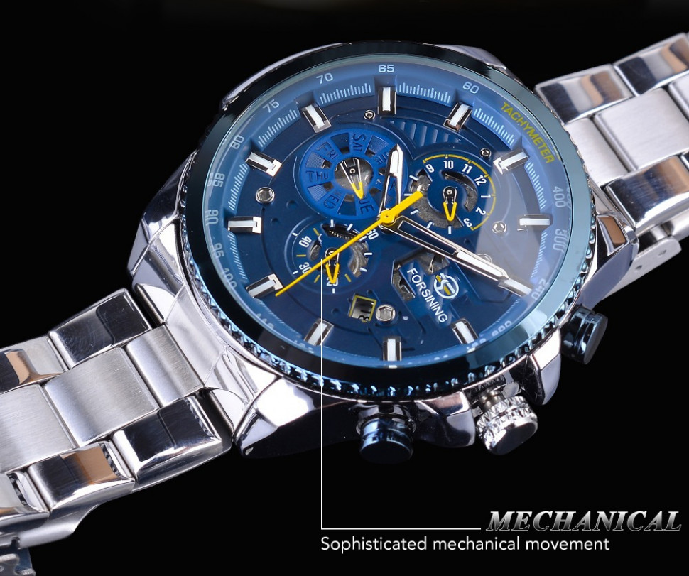 Чоловічий годинник механічний Forsining silver+blue