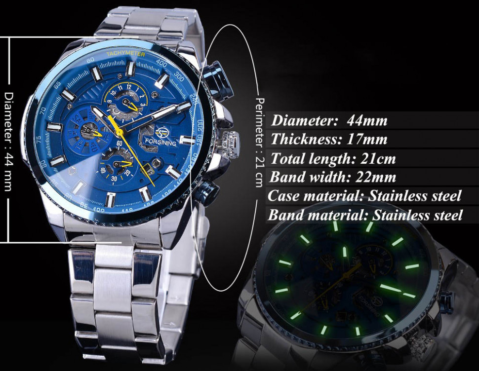 Чоловічий годинник механічний Forsining silver+blue