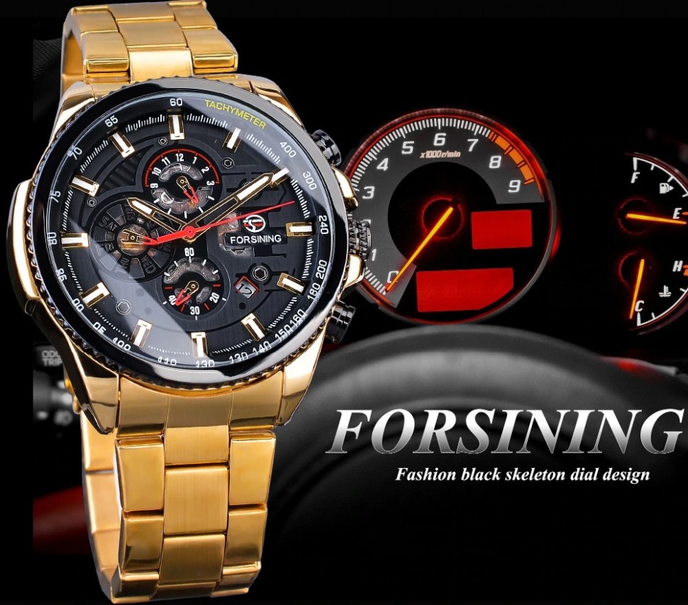Чоловічий годинник механічний Forsining gold+black