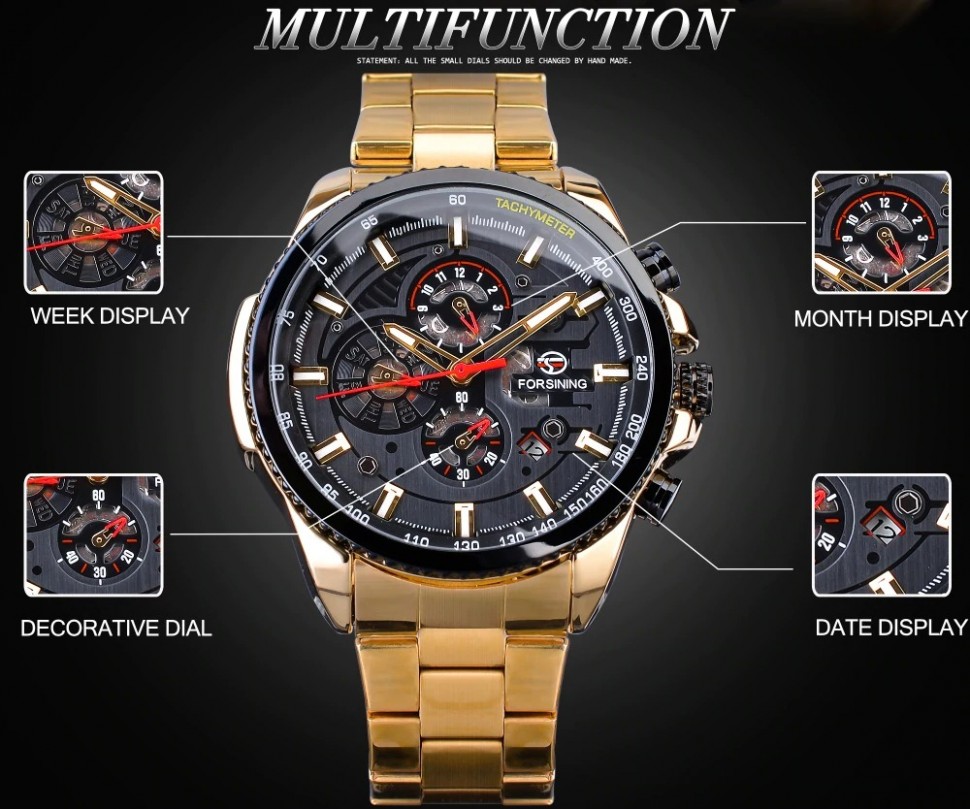 Чоловічий годинник механічний Forsining gold+black