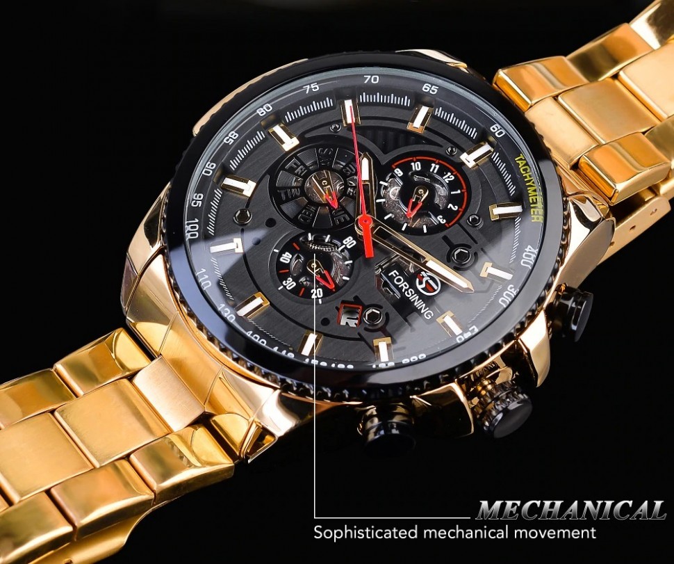 Чоловічий годинник механічний Forsining gold+black