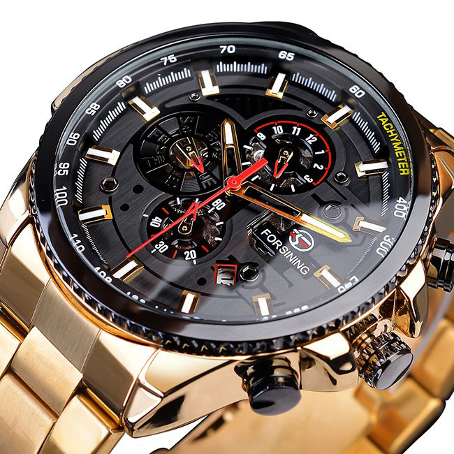 Чоловічий годинник механічний Forsining gold+black