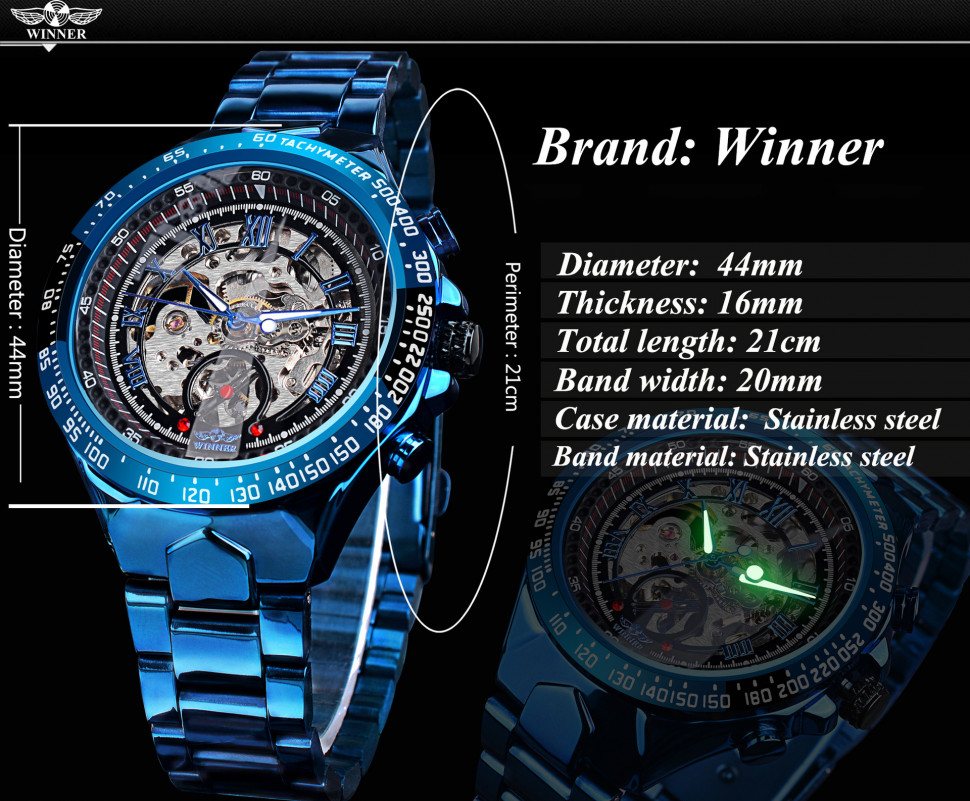 Чоловічий годинник механічний WINNER blue+black
