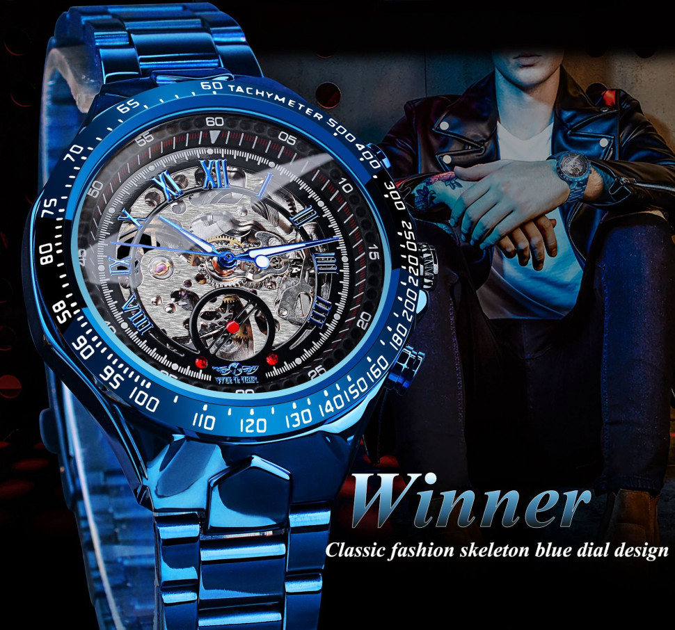 Чоловічий годинник механічний WINNER blue+black