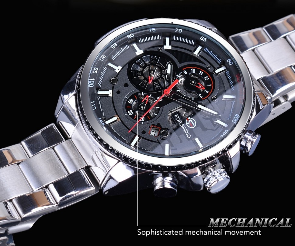 Чоловічий годинник механічний Forsining silver+black