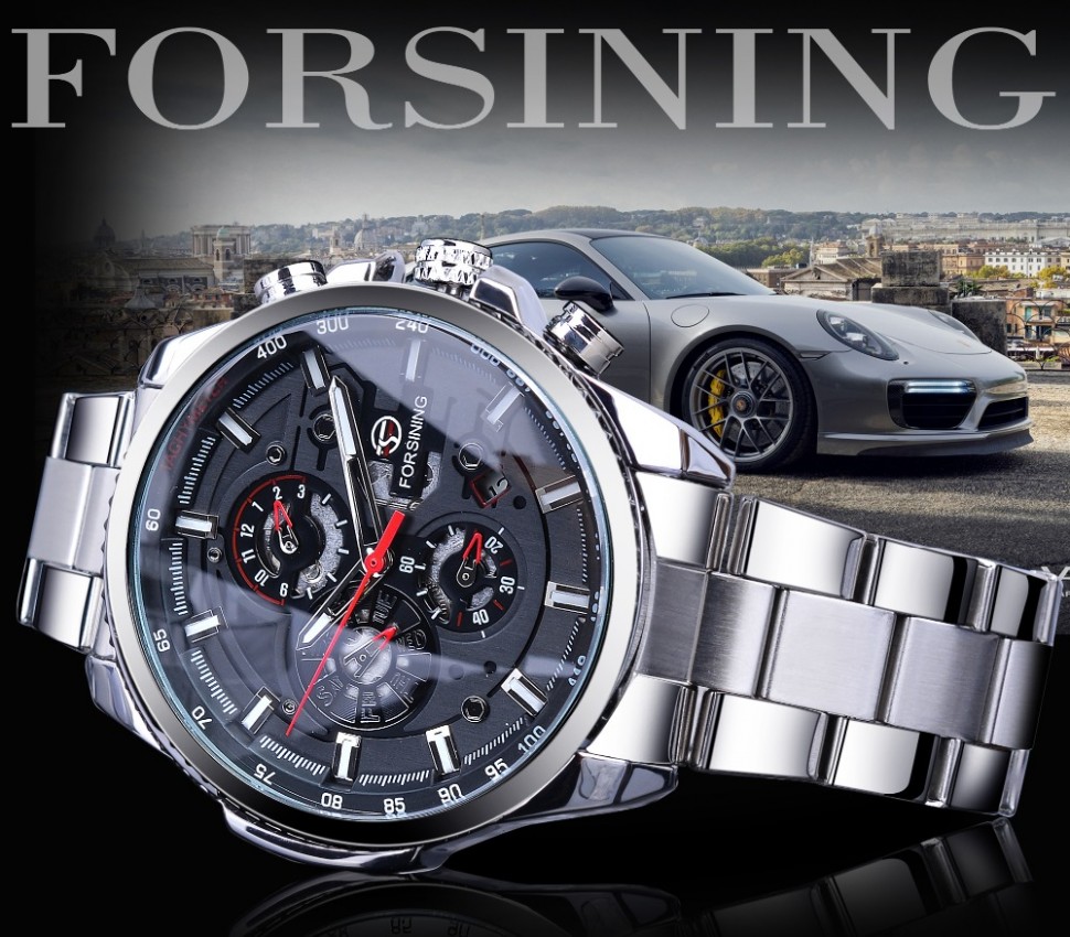 Чоловічий годинник механічний Forsining silver+black