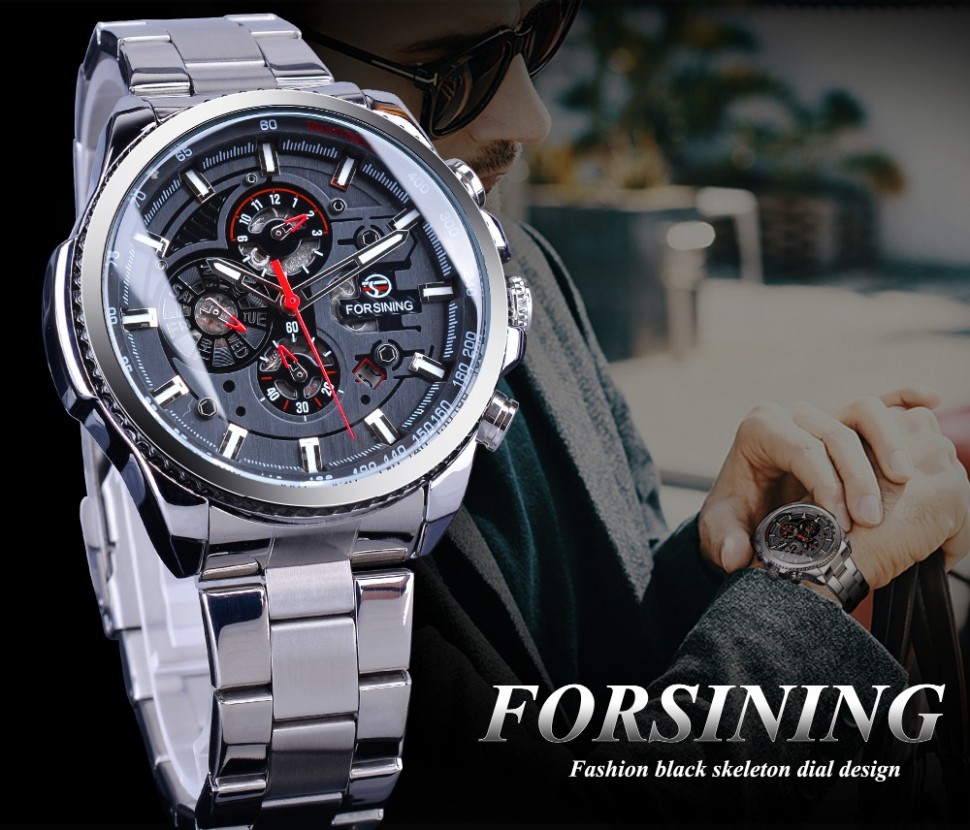 Чоловічий годинник механічний Forsining silver+black