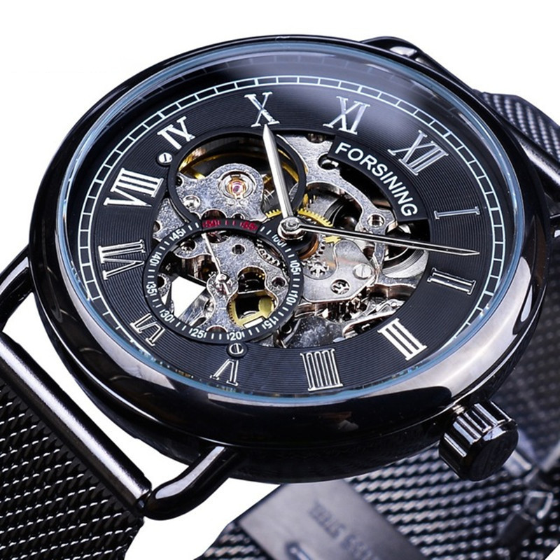 Чоловічий годинник механічний FORSINING black+silver