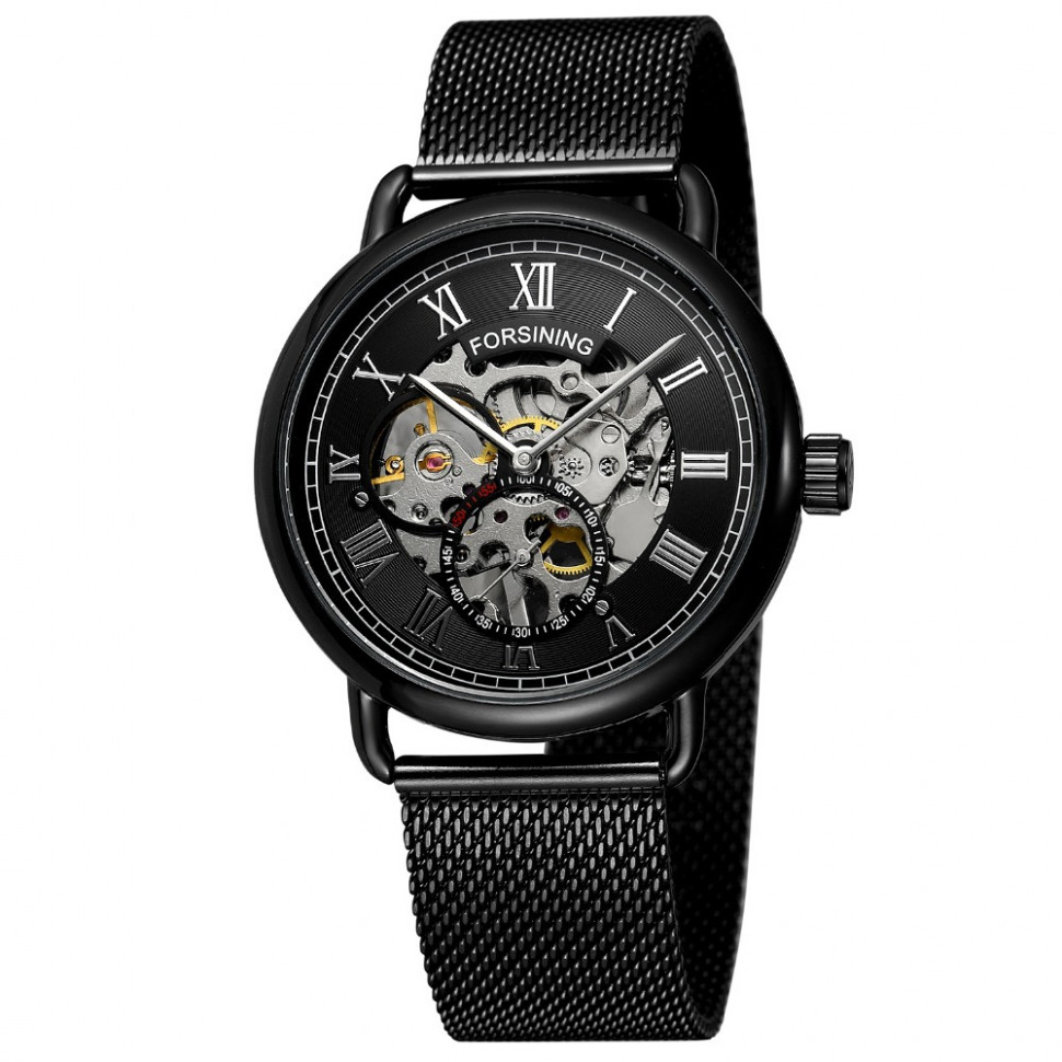 Чоловічий годинник механічний FORSINING black+silver