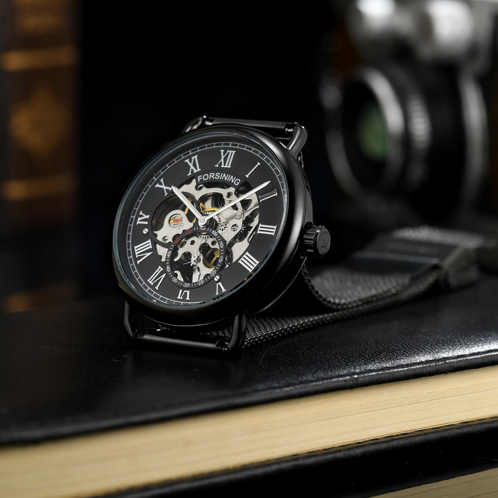 Чоловічий годинник механічний FORSINING black+silver