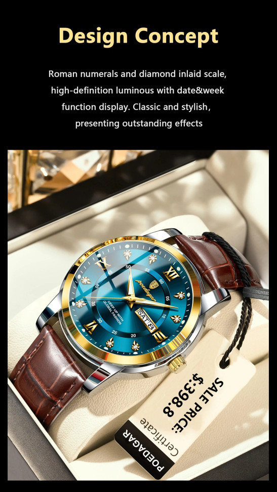 Чоловічий годинник Poedagar gold + silver + blue