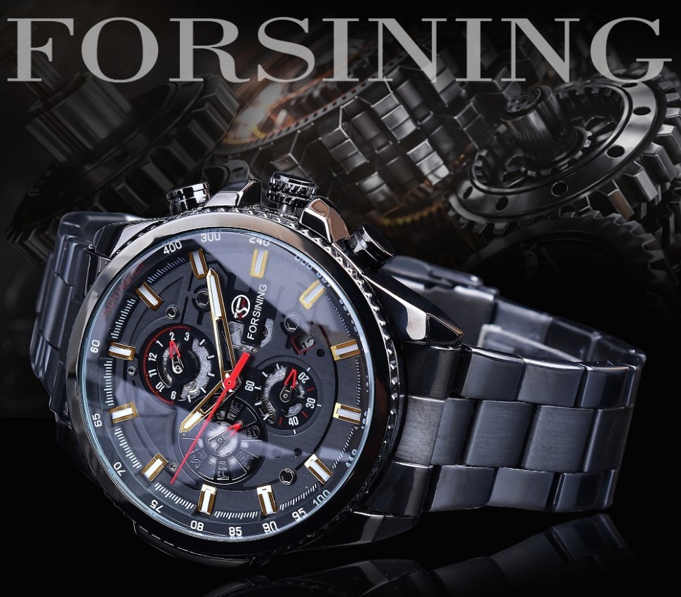 Чоловічий годинник механічний Forsining black+gold