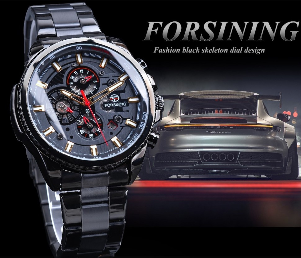 Чоловічий годинник механічний Forsining black+gold