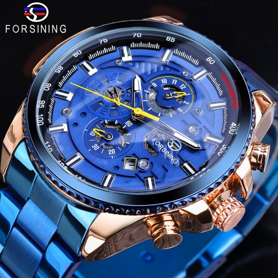 Чоловічий годинник механічний Forsining gold+blue