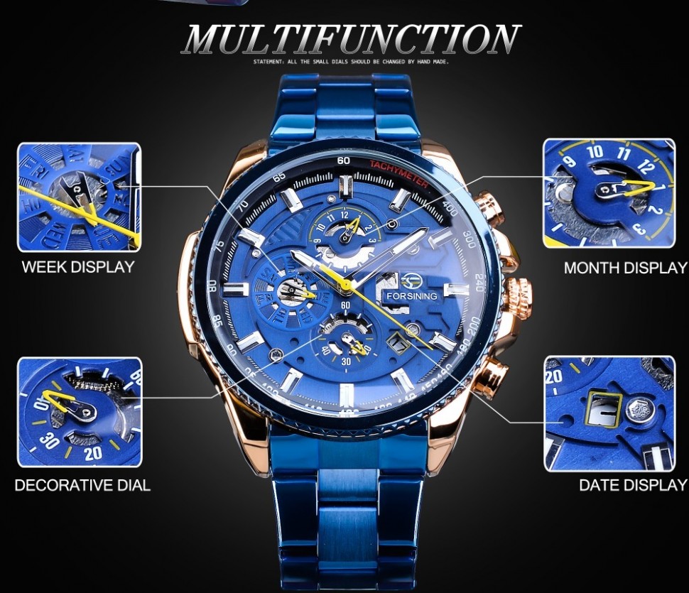 Чоловічий годинник механічний Forsining gold+blue