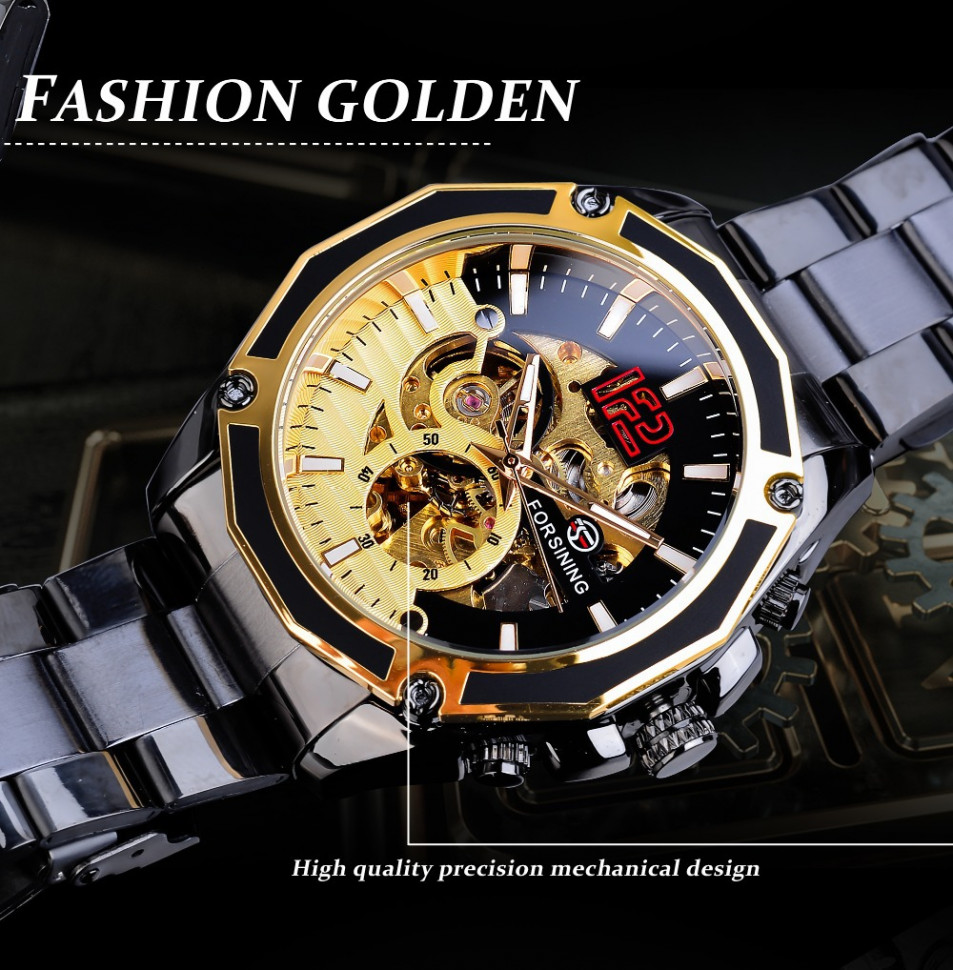 Чоловічий годинник механічний Forsining black+gold